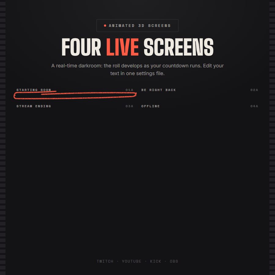 Contact Sheet animated 3D stream screens: Starting Soon, Be Right Back, Stream Ending and Offline