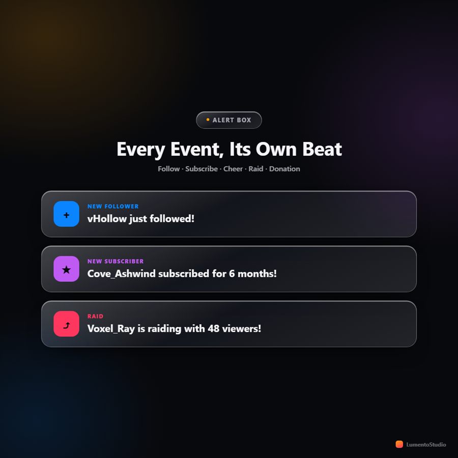 Dynamic Glass alert box for follows, subs, cheers, raids and tips