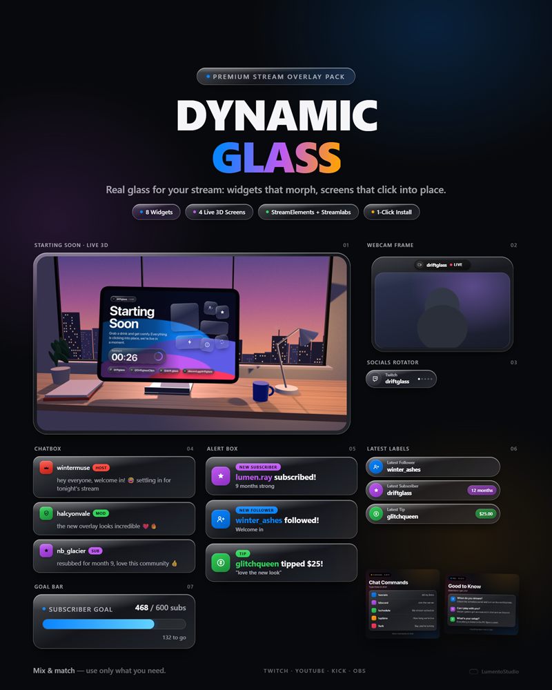Dynamic Glass Twitch overlay pack preview