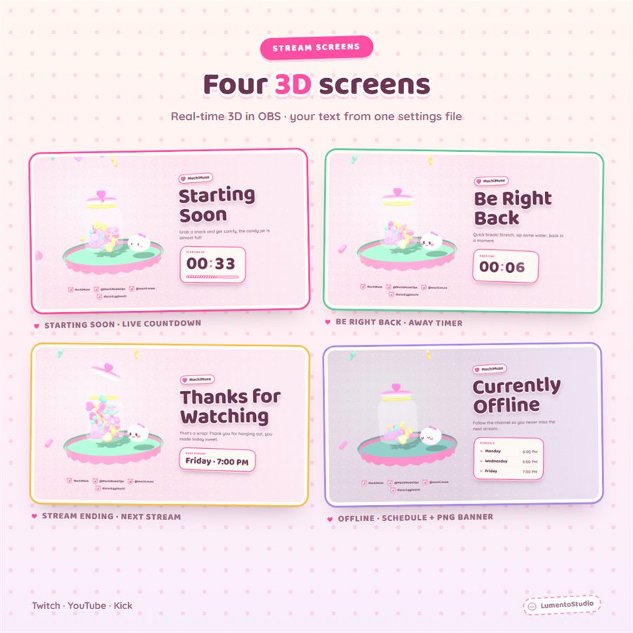 Kawaii Pastel animated 3D stream screens: Starting Soon, Be Right Back, Stream Ending and Offline