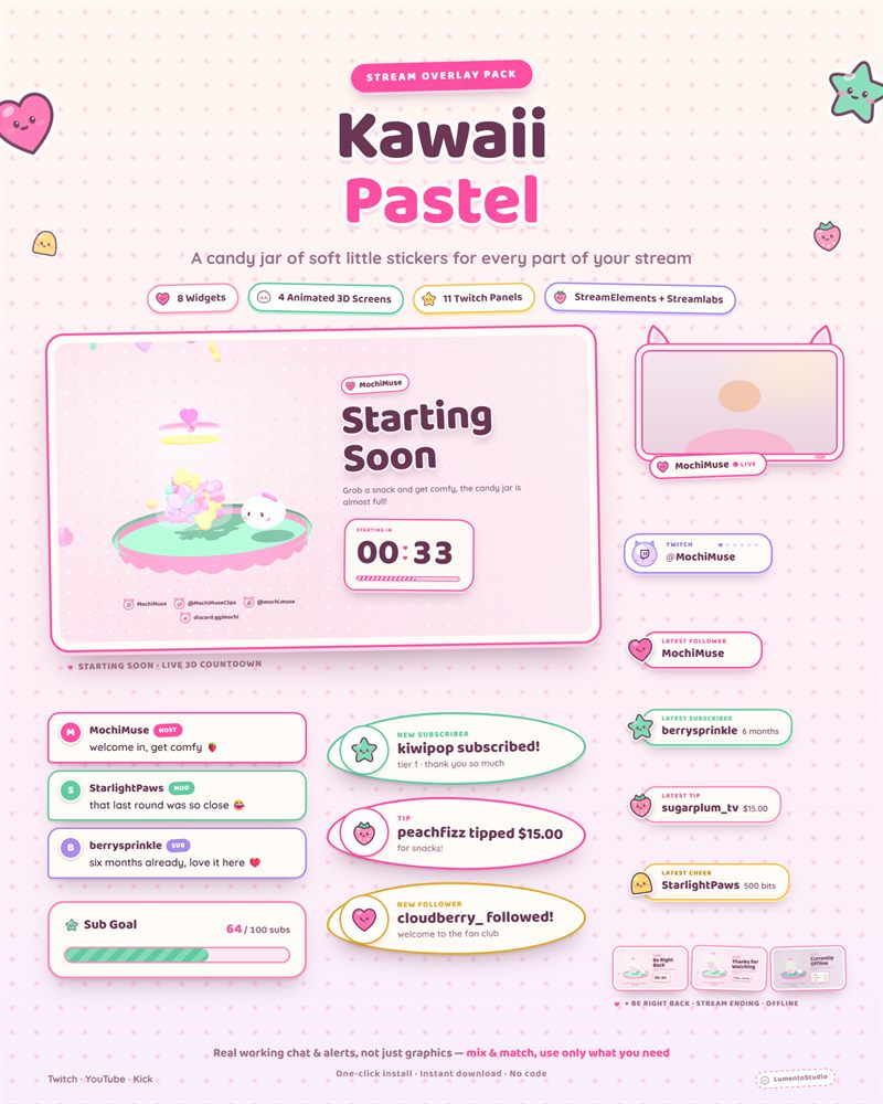 Kawaii Pastel Twitch overlay pack preview