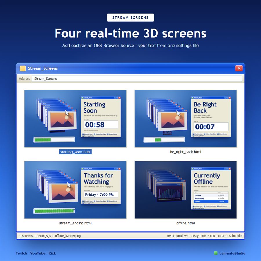 Luna Blue animated 3D stream screens: Starting Soon, Be Right Back, Stream Ending and Offline