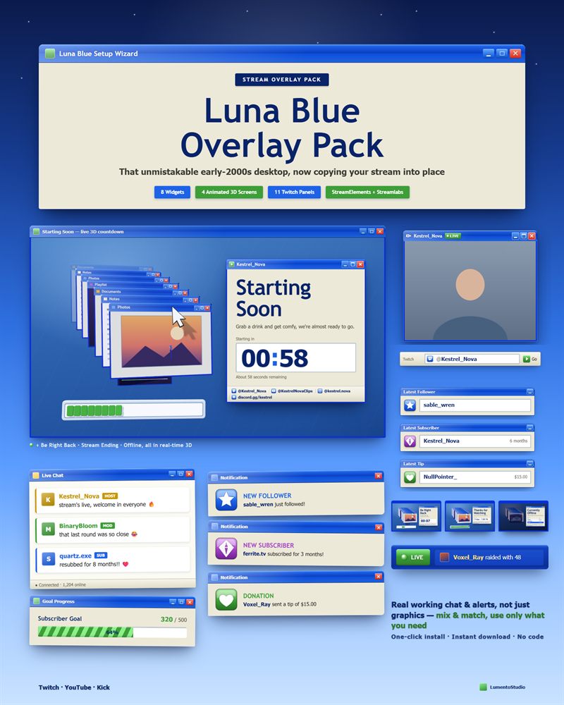Luna Blue Twitch overlay pack preview