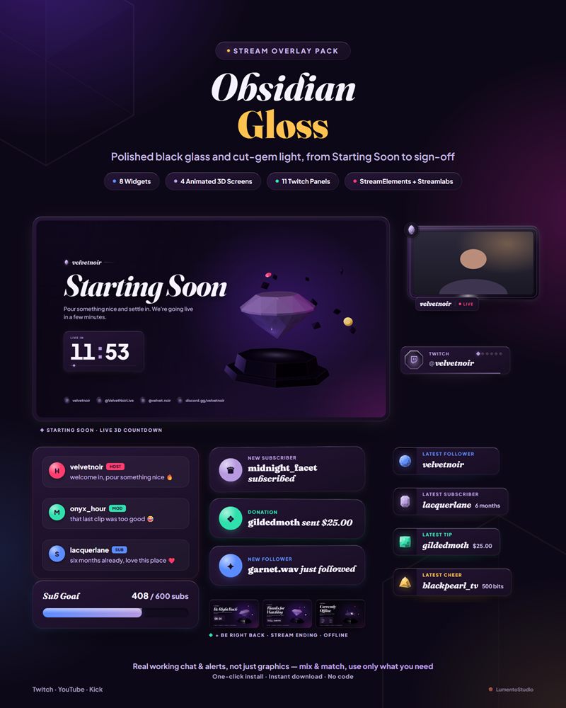 Obsidian Gloss Twitch overlay pack preview