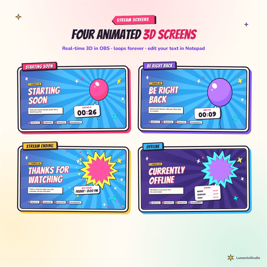 Pop Burst animated 3D stream screens: Starting Soon, Be Right Back, Stream Ending and Offline