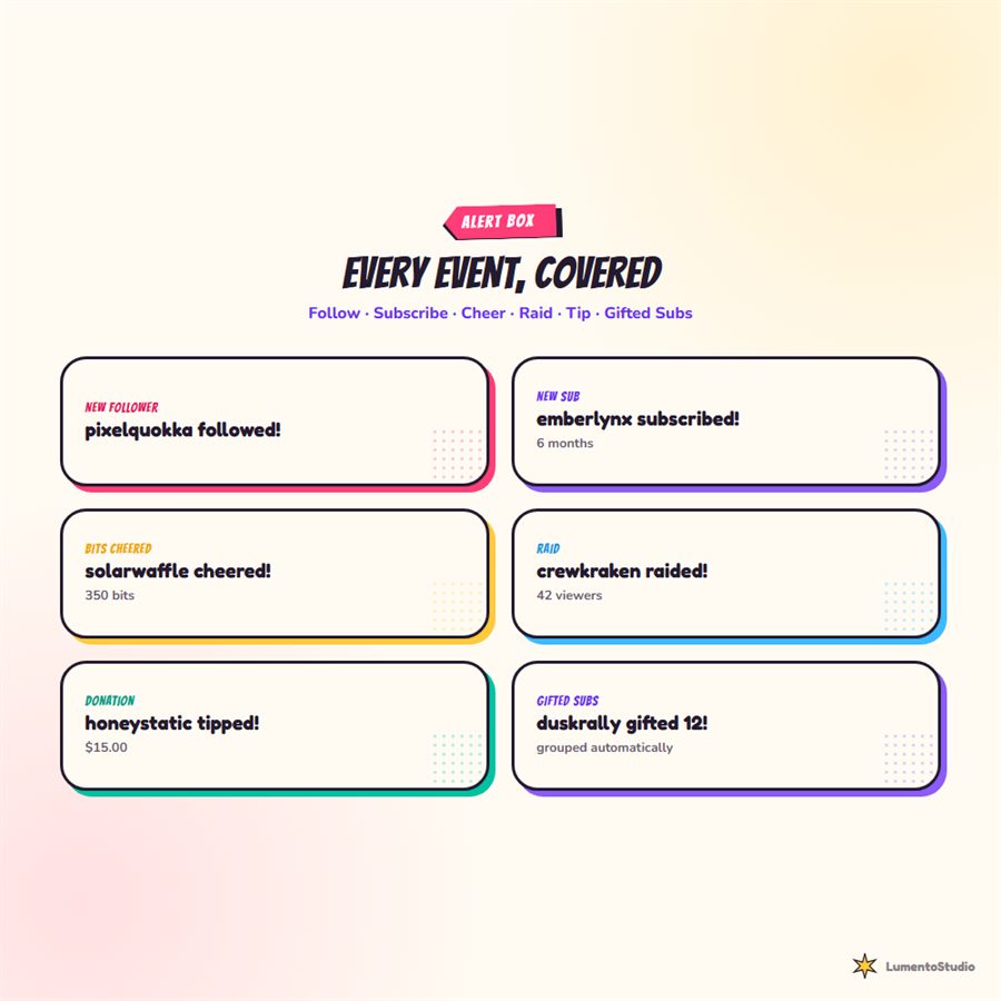 Pop Burst alert box for follows, subs, cheers, raids and tips