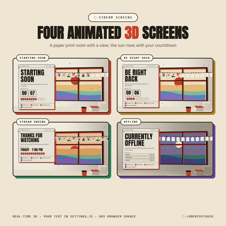 Riso Press animated 3D stream screens: Starting Soon, Be Right Back, Stream Ending and Offline