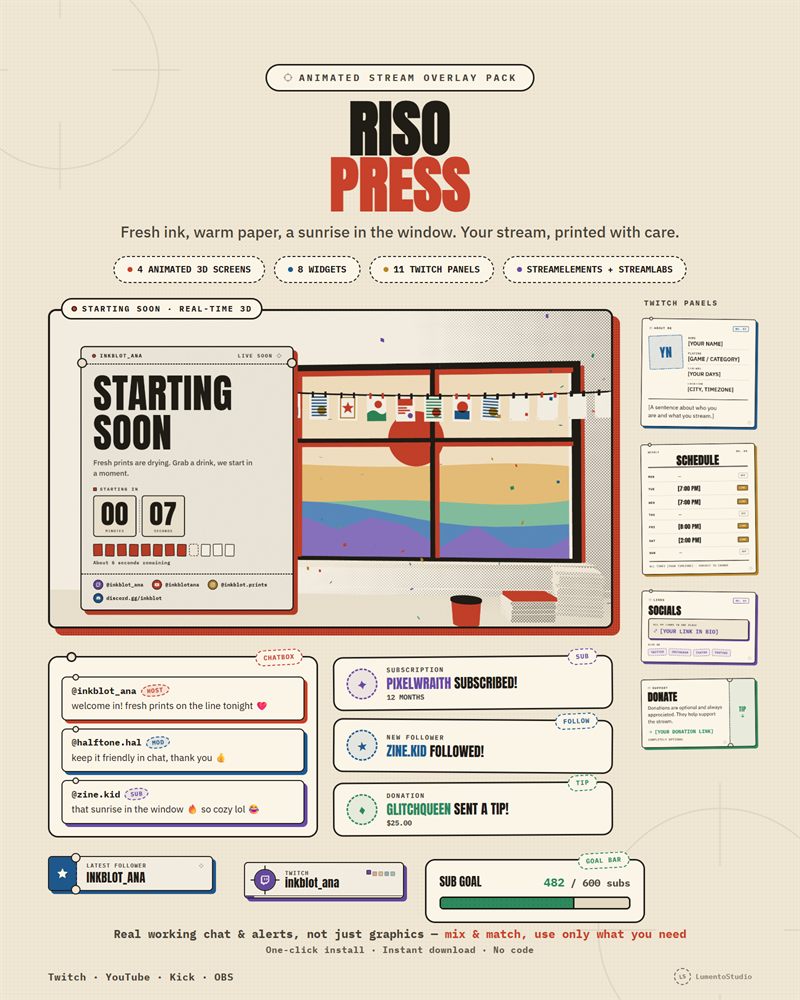 Riso Press Twitch overlay pack preview