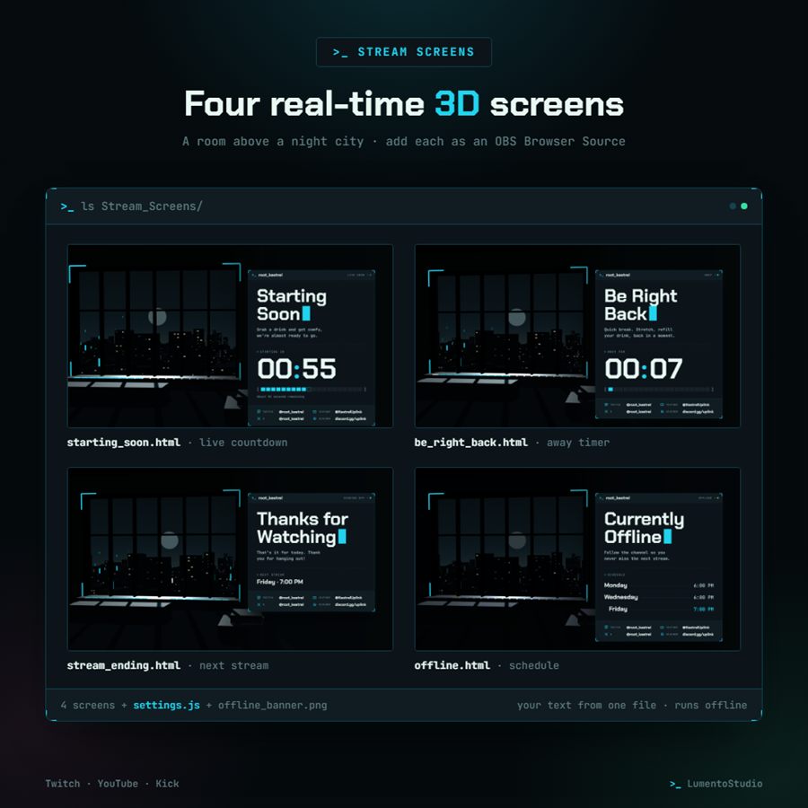 Terminal Uplink animated 3D stream screens: Starting Soon, Be Right Back, Stream Ending and Offline